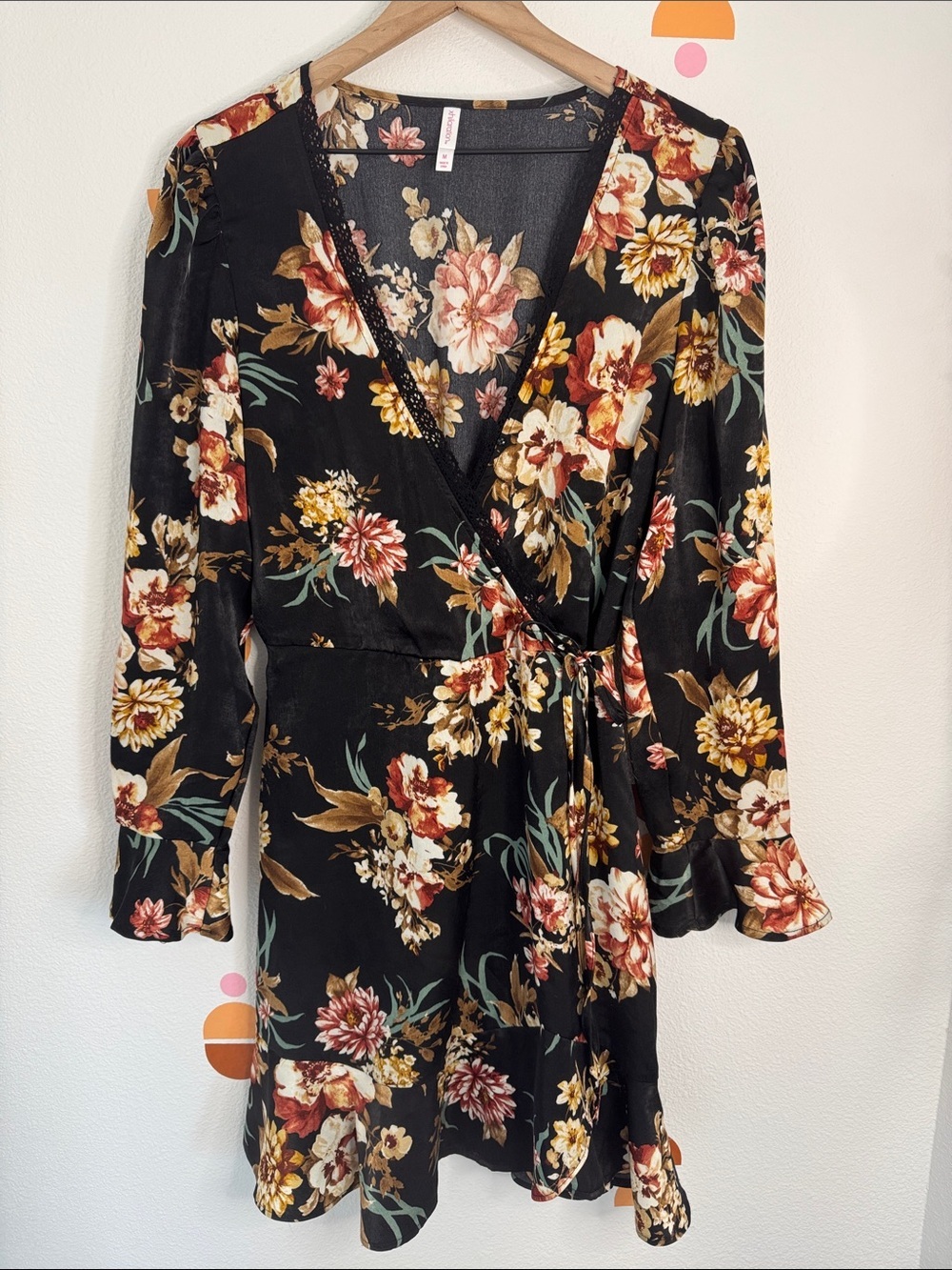 Xhilaration Black Floral Wrap Dress with Long Sleeves N0300